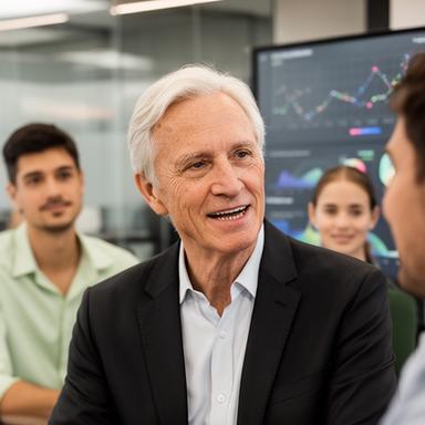 Chief executive Maya Ellington speaking with a product team beside live analytics screens in New York
