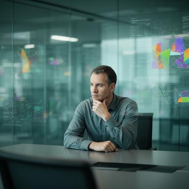 Chief technology officer Oliver Wren reviewing NLP models in a glass meeting room with code projections
