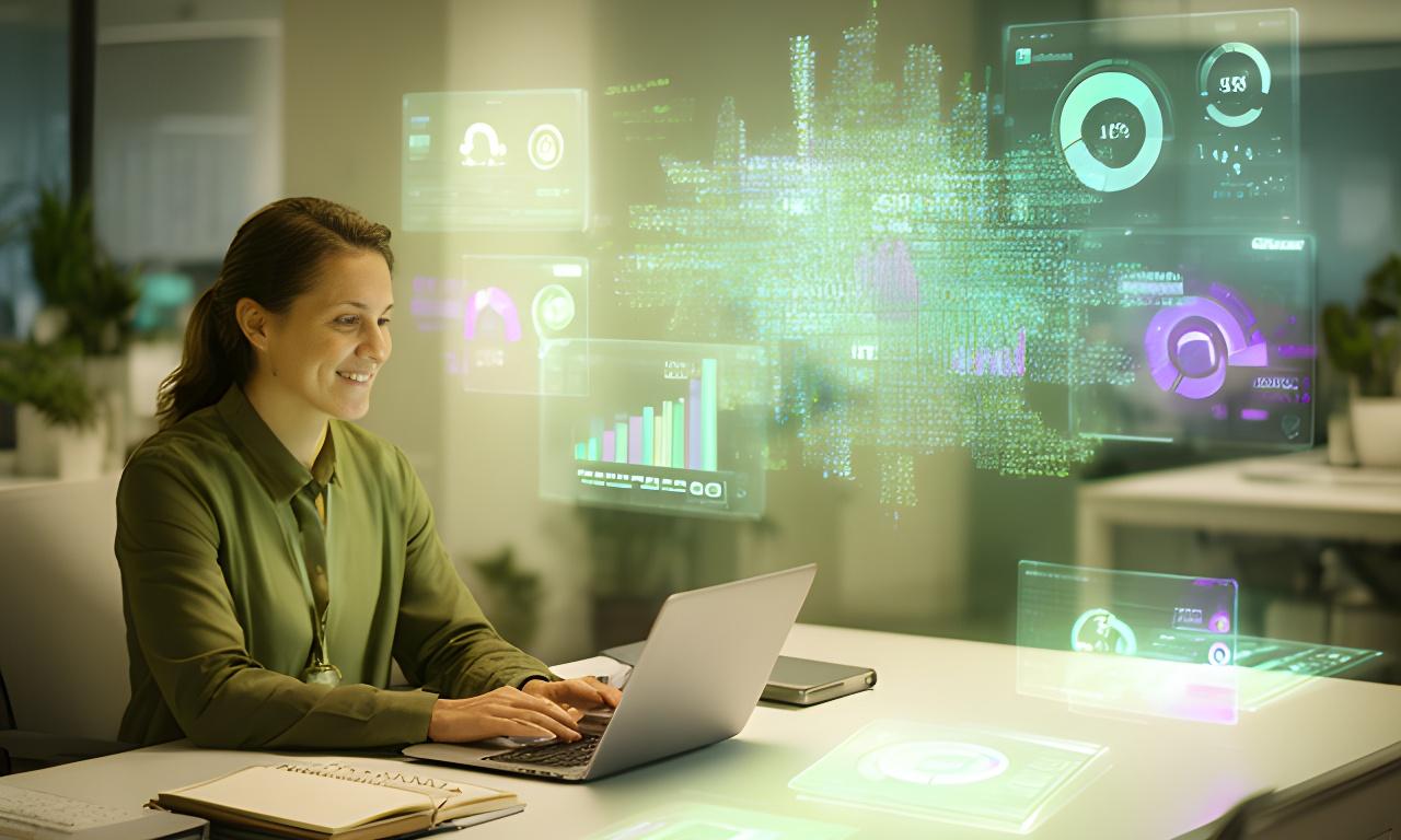 Analyst reviewing a live sentiment dashboard beside a word cloud in a bright strategy room