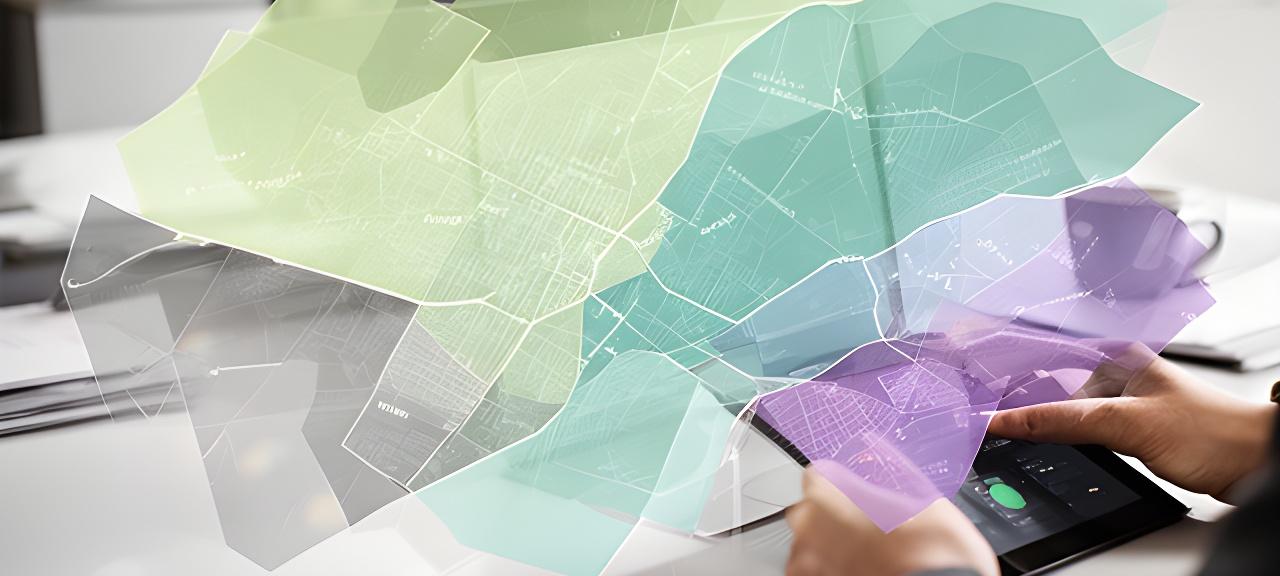 Analyst reviewing a neighbourhood forecast map with layered zip code zones on a bright desk