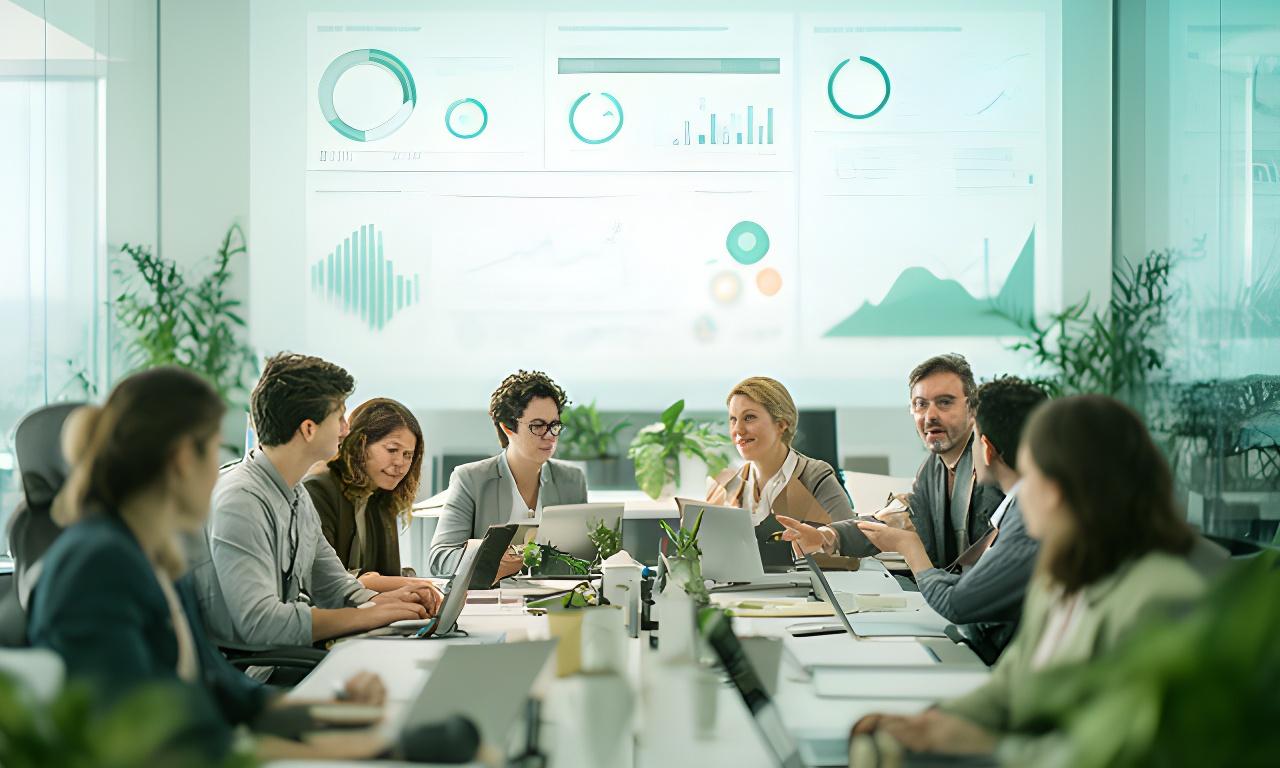 Analysts reviewing live market intelligence dashboards in a bright modern strategy room