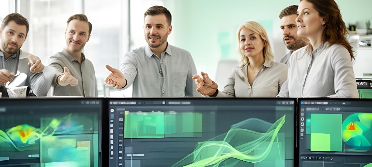 Strategy team reviewing AI market intelligence dashboards in a bright modern office