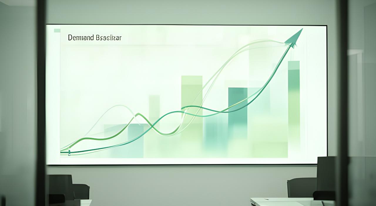 Forecasting dashboard on a large wall display in a bright strategy room with rising and falling demand curves