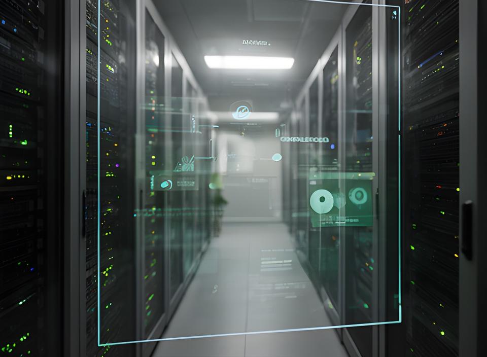 Secure server room corridor with glowing status lights and a glass panel reflecting compliance controls