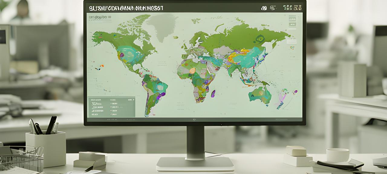 Analyst workstation showing a risk heatmap over a global logistics dashboard in a bright strategy room