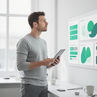 Head of product reviewing a dashboard prototype in a minimalist studio