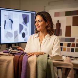 Taziyah Breidenstein in a design studio holding fabric swatches beside a trend board and forecasting screen