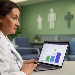 Yocelyne Jadiel in a modern care operations office reviewing a staffing forecast on a laptop
